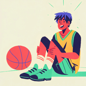 Kise Ryouta from Kuroko's Basketball. Sitting by a basketball. Wearing a yellow and blue jersey. Blinding light from the front