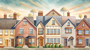 frontally, the houses are in a row.. High Detail, Detailed Drawing, Book Illustration,  Children's Illustration