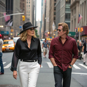 Kim Cattrall and Jason Lewis walking through a bustling New York City street. Kim wears a stylish black fedora, black shirt, and white pants. Jason is dressed in a maroon shirt and dark pants.