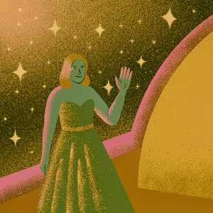 Willow Shields, in green sequined dress, waves at fans. Dark, starry night background