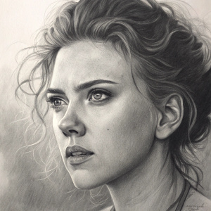 Charcoal drawing of Scarlett Johansson. Close-up on expressive face with tousled hair