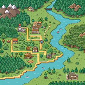 A detailed pixel art map inspired by The Legend of Zelda: Breath of the Wild. Depicts lush forests, serene rivers, and bustling settlements. Game-inspired