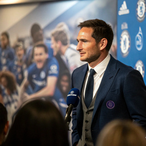Frank Lampard, in a stylish suit, addressing the media at Chelsea FC press conference. Background features blurred images of supporters and reporters.