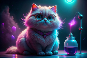 A cute fluffy chubby cat with glasses sits near the diffuser and sniffs the bottle on a dark background in neon light