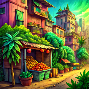 fruit stand with weed  in front of a slum in comic style