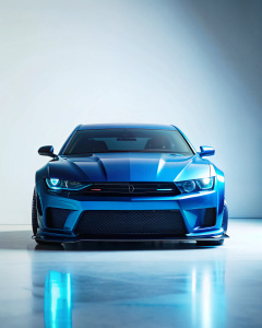 a beautiful brutal blue car on a light background