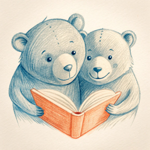 illustration of a couple of bears in love read together  in flat style, ui illustration, minimalism, white and black