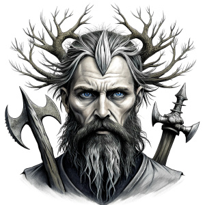 Wikinger mit zwei Gesichtern baum yggdrasil – and weapons high-definition design grey and black, realistic tattoo design, white background