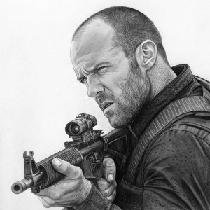 Detailed graphite drawing of Jason Statham holding a gun. Background is plain. Intense facial expression captured