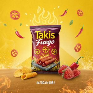 A digital advertisement for Takis Fuego. Bright yellow background, snack bag in center, creative style, modern look, intense experience highlighted. #ATODAMADRE hashtag included.