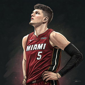 Nikola Jovic, wearing Miami Heat jersey, dynamic pose with focused expression. Dark background with no visible audience.