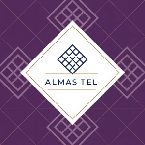 Logo for Almas Tel. Design features a modern geometric pattern with diamond shapes. Minimalist style, clean lines. Color scheme includes muted tones with a dominant deep purple hue. Contrasting white background. Text in a clear, modern font. Versatile design for digital and print media.