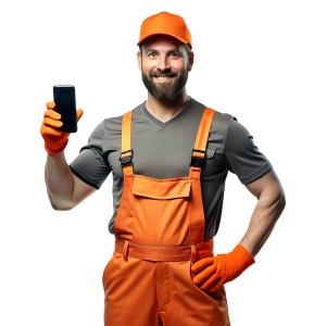 A handsome plumber of Slavic appearance in an orange jumpsuit, shows the phone to the lens