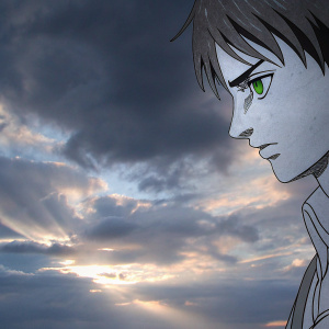 Eren Yeager from Attack on Titan, intense expression. Dark hair, green eyes. Dynamic sky background, mix of pink, purple, and sunlight hues, creating dramatic play of light and shadow.
