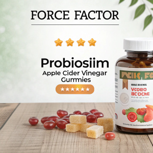 Screenshot of Force Factor website showcasing ProBioSlim Apple Cider Vinegar Gummies. Ad features product image and benefits text. Clean design with modern header, product highlight, and customer review section.
