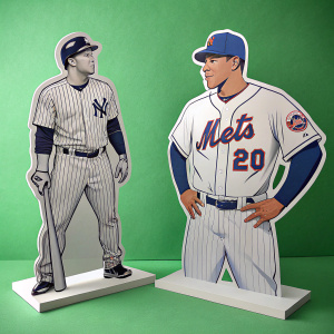 Custom cardboard cutouts of New York Yankees and Mets players. Set against a green background for a promotional shoot.