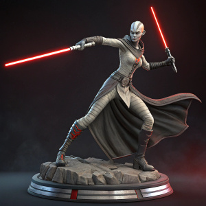 Digital artwork of Asajj Ventress. Dynamic action pose, 3D rendered statue