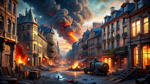 Generate an animated, hyper-realistic scene that transitions from the chaotic aftermath of World War I to a vibrant, uncertain interwar period with changing social dynamics.