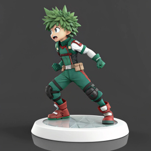 Digital 3D rendering of Katsuki Bakugou figurine from My Hero Academia. Vibrant green hair and spiky. Standing on glossy white base. Dark grey background.
