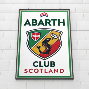 A vibrant graphic featuring the Abarth Club Scotland logo. Stylized design with green and red hues set against a crisp white backdrop, accompanied by detailed dimensions in small text below.