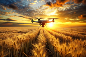 A drone flying over a golden wheat field at sunset, smart tech used for monitoring the fields in agriculture, automation and innovation through artificial intelligence