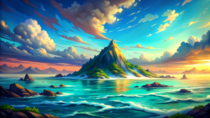 a ocean with an island far away on the horizon, realism, perfect composition