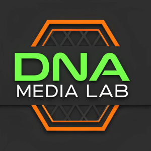 Dynamic logo for DNA Media Lab. The name is in bold sans-serif font with neon green text. Below the name, there is an abstract geometric shape in shades of orange and grey. The overall design is sleek and memorable.