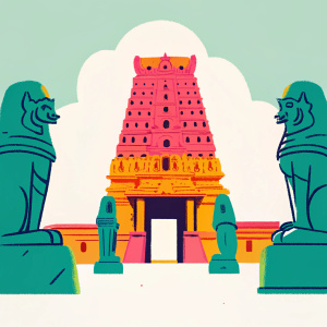 A detailed 3D model showcasing the Brihadisvara Temple in Thanjavur, India. The intricate carvings and towering structure are highlighted in a digital setting.