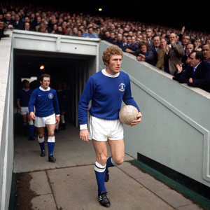 Alan Ball, captain of Everton, leading the team through a tunnel towards the pitch. Gordon West, the goalkeeper, follows closely. Crowd cheering in the background.