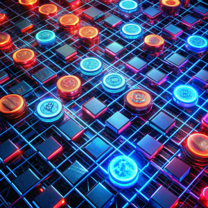 Cyberpunk grid with red and blue crypto tokens.