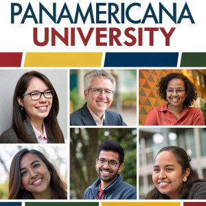 Homepage of Panamericana University featuring a dynamic mosaic of faculty and student profiles alongside key university news and updates.