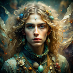 Ethereal portrait, shaggy layers, gustave moreau-inspired, emilia wilk influence, gemstone essence, matte finish, light brown hues, green accents, multi-layered depth, 3D rendering, otherworldly elegance, flowing locks, intricate details, dreamlike composition, surreal aesthetic, celestial beauty, mesmerizing gaze, enchanting allure, mystical atmosphere, gemstone-inspired colors, ethereal glow, mesmerizing textures, spellbinding charm, mystical ambiance
