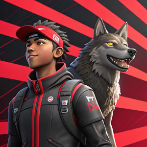 G2 Jelty, a Fortnite player, in an animated game screenshot. A wolf-like creature stands behind, appearing both menacing and amusing. The scene features vibrant red and black colors.