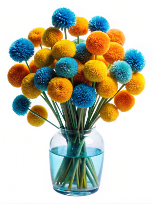 a short and pealistic bouquet flowers with blue buds in the form of fluffy balls, without a vase. on a transparent background