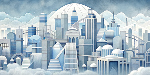White illustration, Wes Anderson aesthetics style, 
surreal collage of many complex metal steely sophistic buildings and a lot of bridges, parks and squares, the bigest ocean and more cloudy sky, gain paper