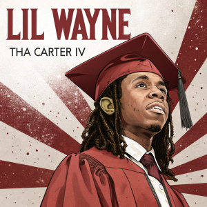 Lil Wayne's Deluxe Edition of Tha Carter IV album artwork. The young man, looking powerful and confident, is dressed in a graduation outfit with a cap. The background is a vibrant mix of red and white, with bold dark brown text prominently displayed.