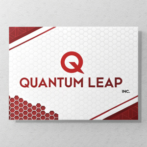 Quantum Leap Inc.'s branding design. Modern logo featuring bold red 'Q'. Clean, minimalistic layout with white background and red accents. Consistent across brochures, pamphlets, and business cards. Perfect for tech or scientific firms.