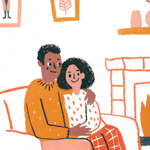 Amber Stevens West and Jerrod Carmichael, star actors, hug on set of a cozy living room during a tv show. Airing soon on NBC.