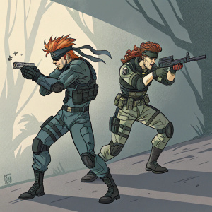 Digital illustration of Solid Snake and Otacon in comic book style. Dynamic action poses, fiery red hair, combat gear, grayscale palette with limited color scheme, shadowed background.