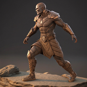 A 3D rendering of a muscular humanoid figure. Realistic sculpt with intricate details and a metallic armor-like texture. The figure is in a dynamic pose, suggesting movement. Color palette is matte brown with metallic highlights. The lighting adds depth with shadows.
