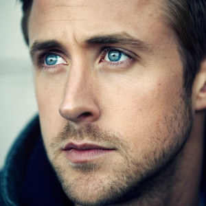 Close-up shot of Ryan Gosling's face, intense gaze