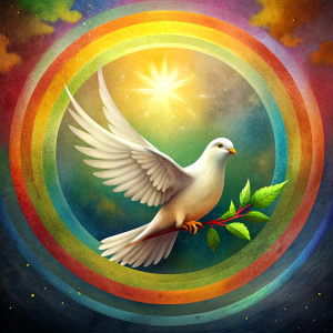 dove with olive branch in beak, rainbow, ark