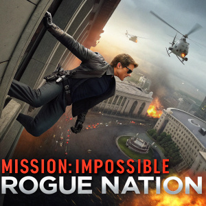 A dynamic movie poster for 'Mission: Impossible - Rogue Nation'. Ethan Hunt, played by Tom Cruise, in a thrilling action pose, leaping across buildings with the iconic Impossible Missions badge in the foreground. Nighttime cityscape background with helicopters and explosive action scenes.