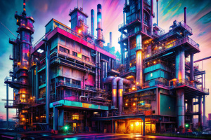 distorted glitched cyberpunk factory building