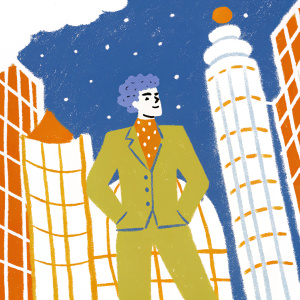Giorno Giovanna, from JoJo's Bizarre Adventure, digital art. Purple hair, green suit. Futuristic cityscape background