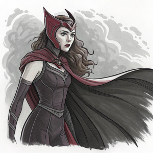 Sketch of Scarlet Witch from Marvel Comics. Dark outlines and shading. Gray and black tones. She wears a distinctive costume and cape.