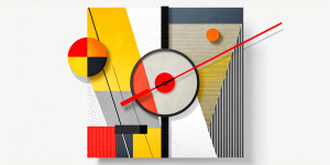 abstract poster in suprematism style, asymmetrical composition on the right side of the canvas, stylized watch, dual circles on white background, applique, flat collage