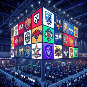 A vibrant mosaic of esports team logos displayed on a digital billboard in a bustling gaming convention center.