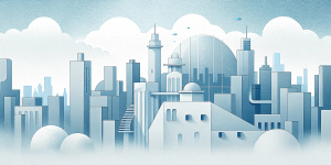White illustration, Wes Anderson aesthetics style, 
surreal collage of many complex metal steely sophistic buildings and a lot of bridges, trees parks and squares, the bigest ocean and more cloudy sky, gain paper