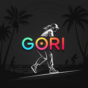 Logo design for GORI. Bold, stylized text 'GORI' in vibrant neon colors against a black background. Minimalist and sleek aesthetic